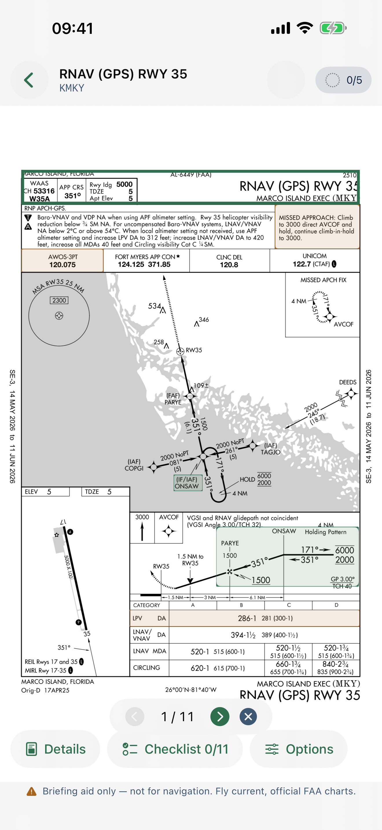 ChartBrief showing the RNAV (GPS) RWY 35 approach plate into KMKY (Marco Island) with the in-app checklist + briefing controls overlaid